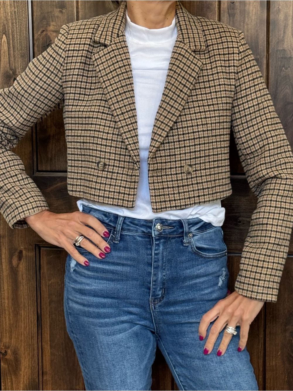 Cropped Checked Blazer Jacket - Tan/Black